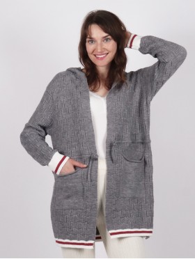 Canadiana Grey Cardigan with Red+White Details, Pockets and Hood